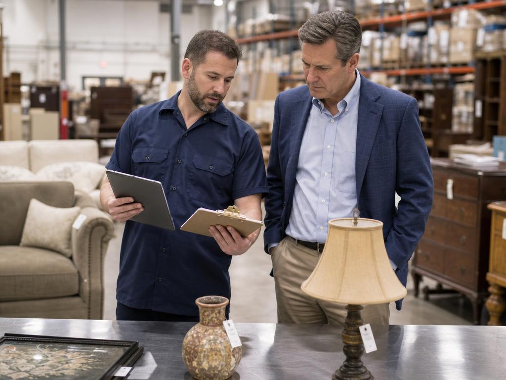 CRDN technician reviewing restored contents with an insurance adjuster in the Denver facility