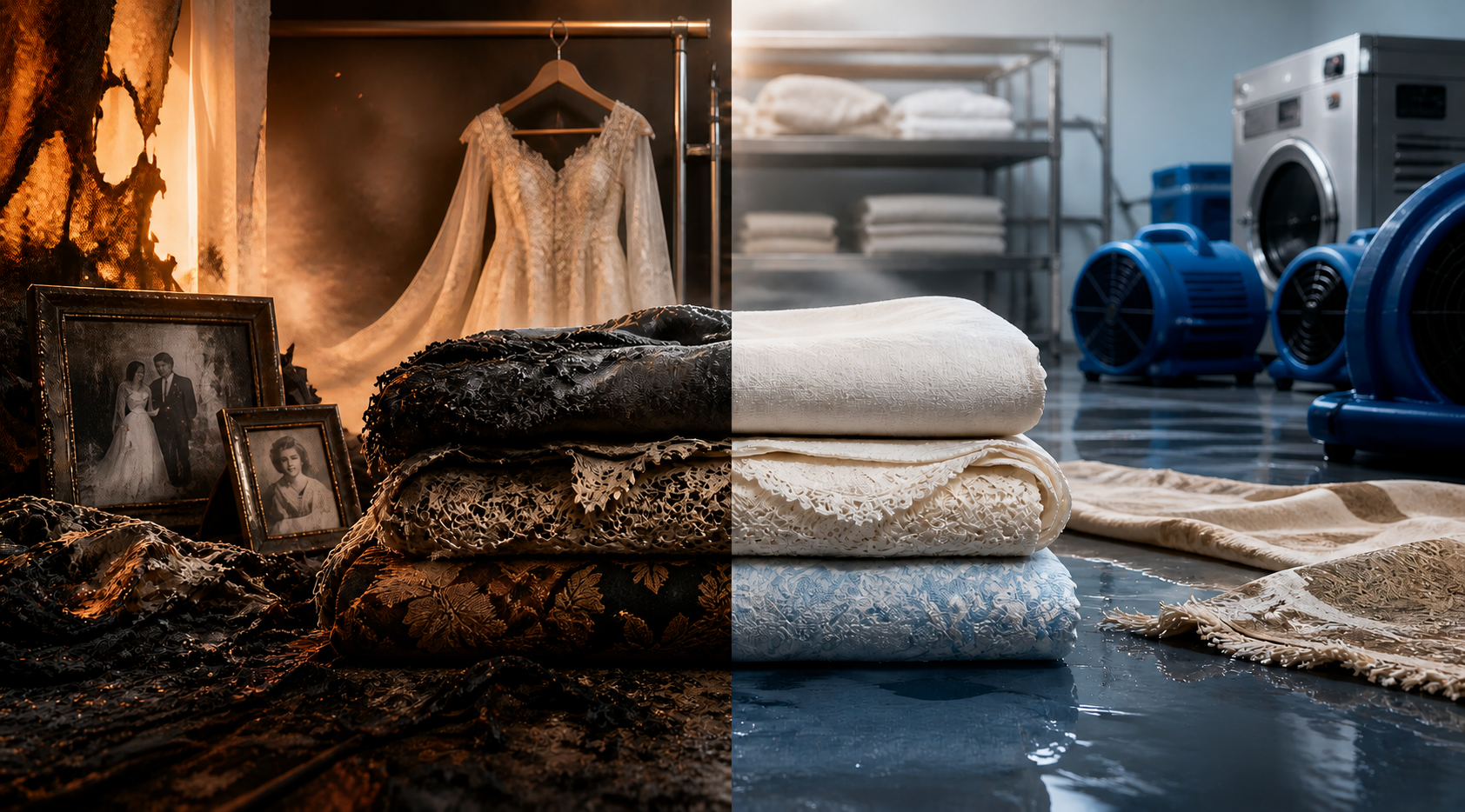 Fire and flood damage textile restoration - before and after